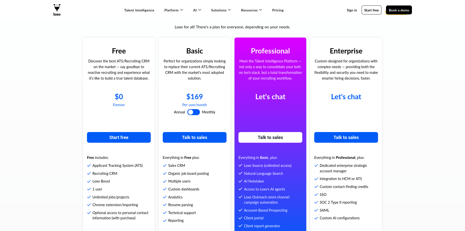 Loxo pricing page showing the free ATS and recruiting CRM plan and $169 per user per month Basic plan