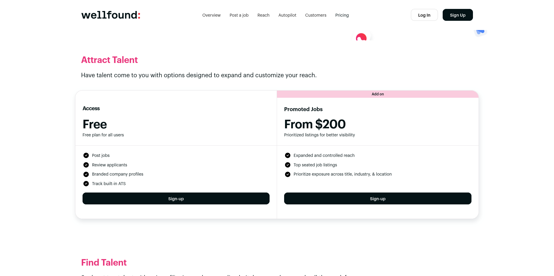 Wellfound pricing page showing the free Access recruiting plan and promoted job listings from $200