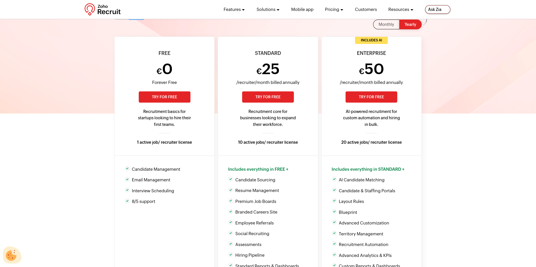 Zoho Recruit pricing page showing the free applicant tracking plan and paid Standard and Enterprise plans