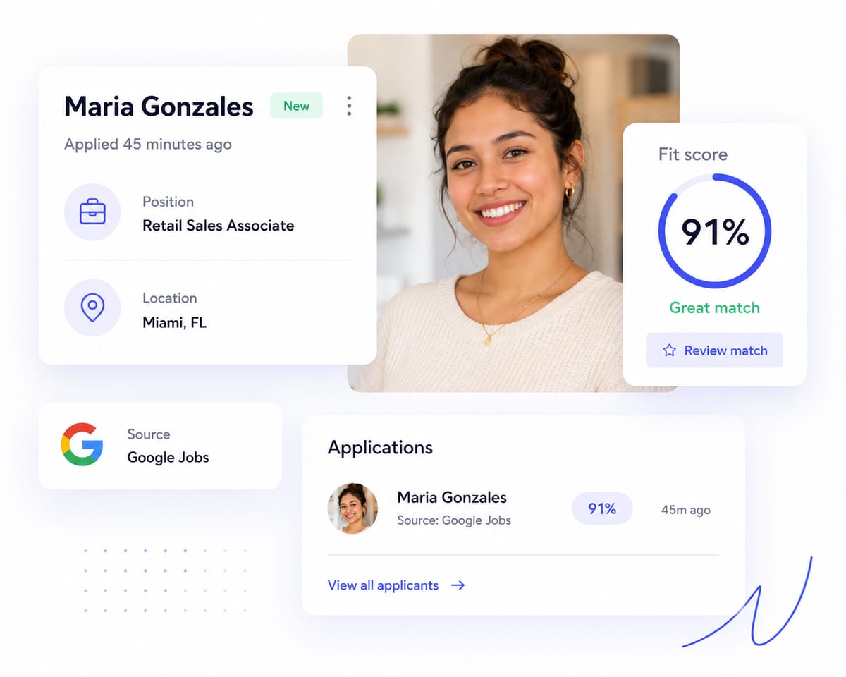 A candidate profile in Reqcore showing the application, its source and the fit score, with the applications list beside it