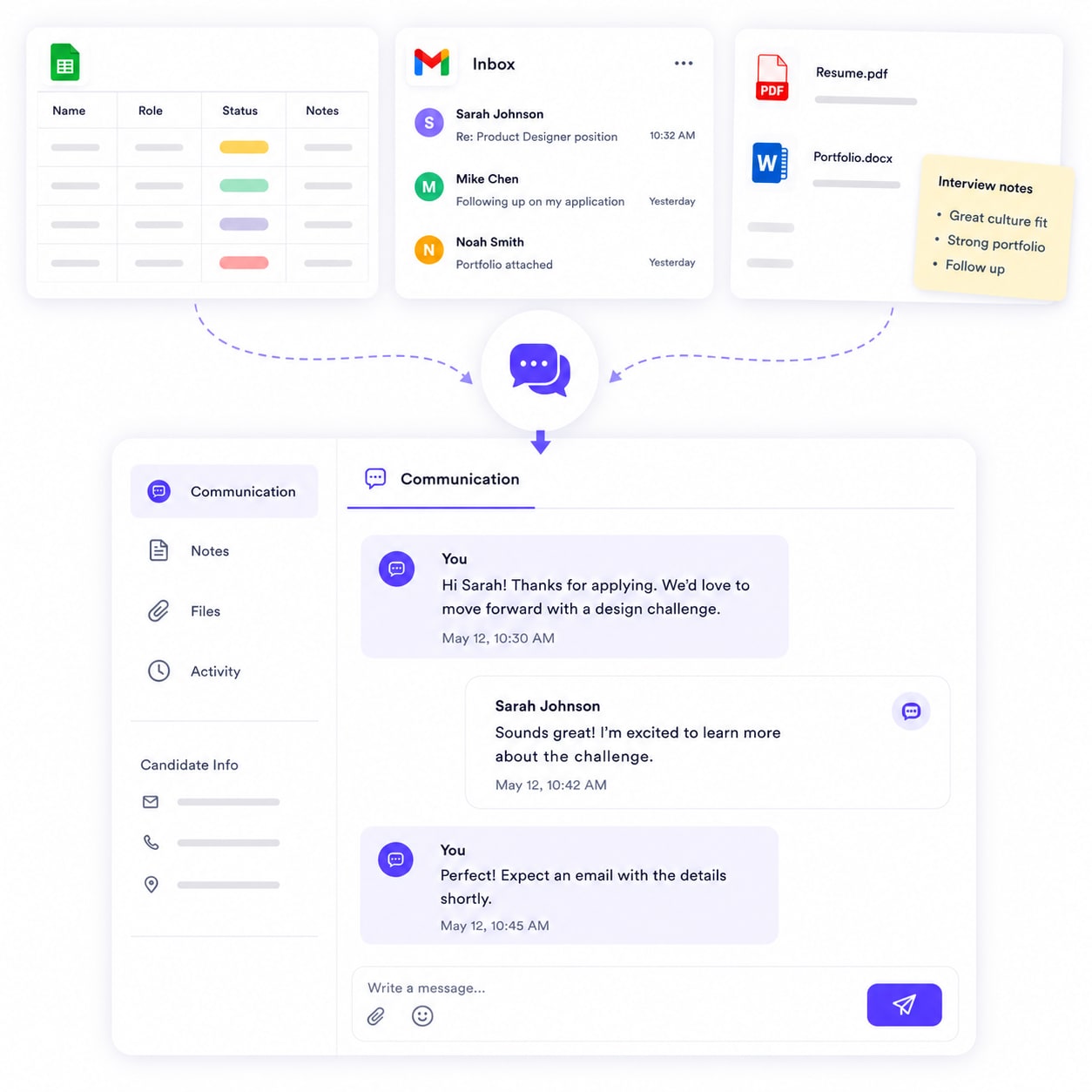Candidate information from a spreadsheet, email inbox and documents collected into one shared communication record in Reqcore