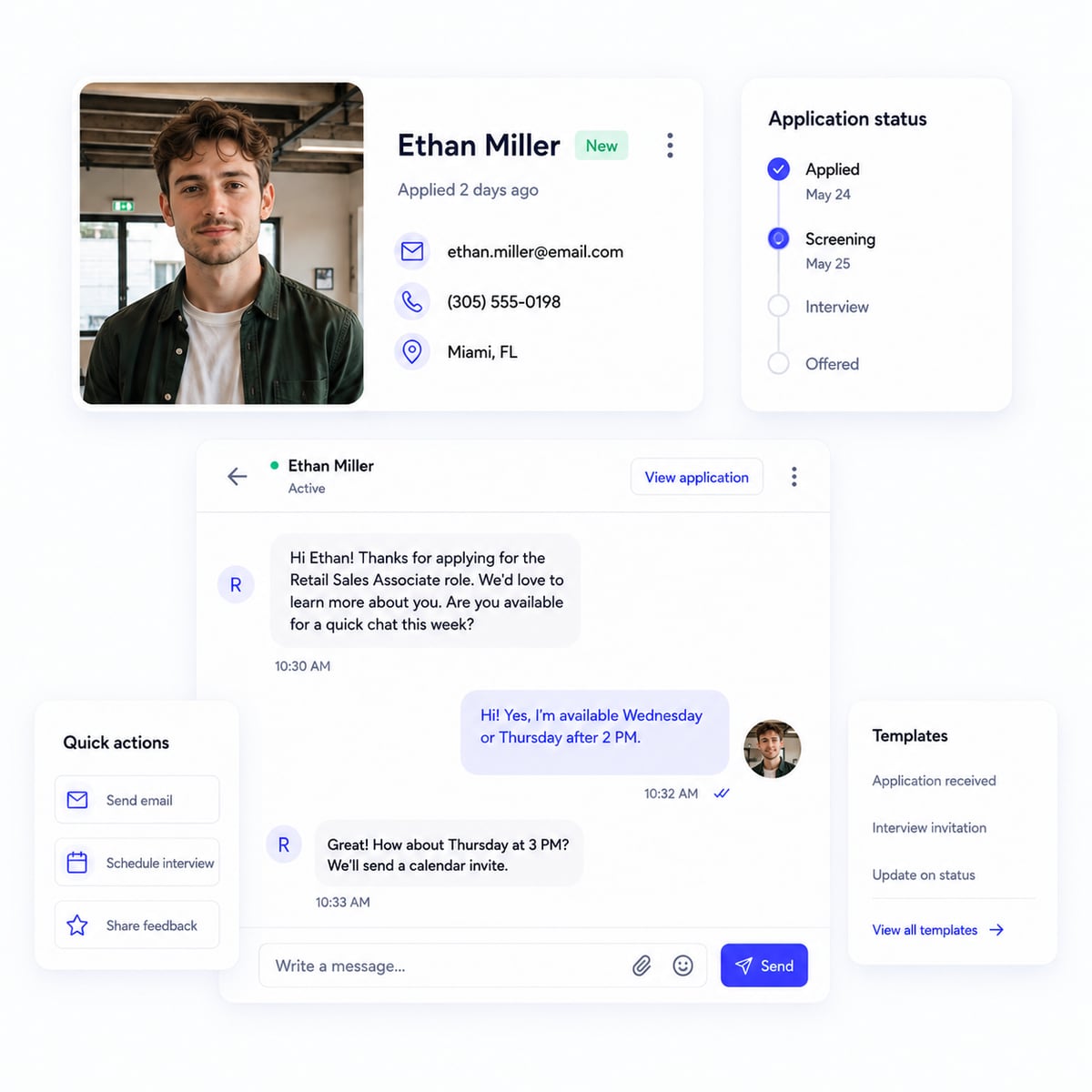 A candidate profile in Reqcore beside their message thread, where an interview time is agreed, with quick actions and saved message templates